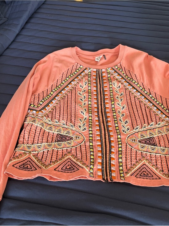 Tops - Embellished Coral Long-Sleeve Crop Top